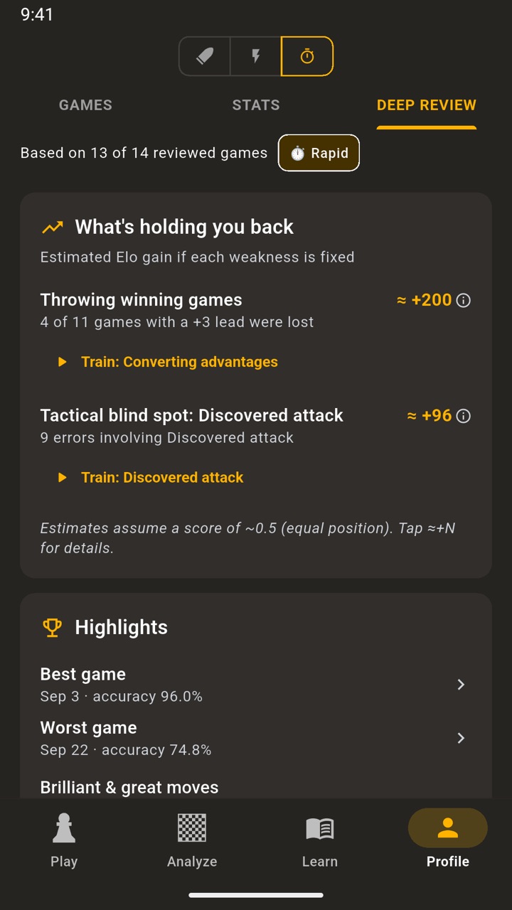 Deep Review insights: what is holding you back, with estimated Elo gains.