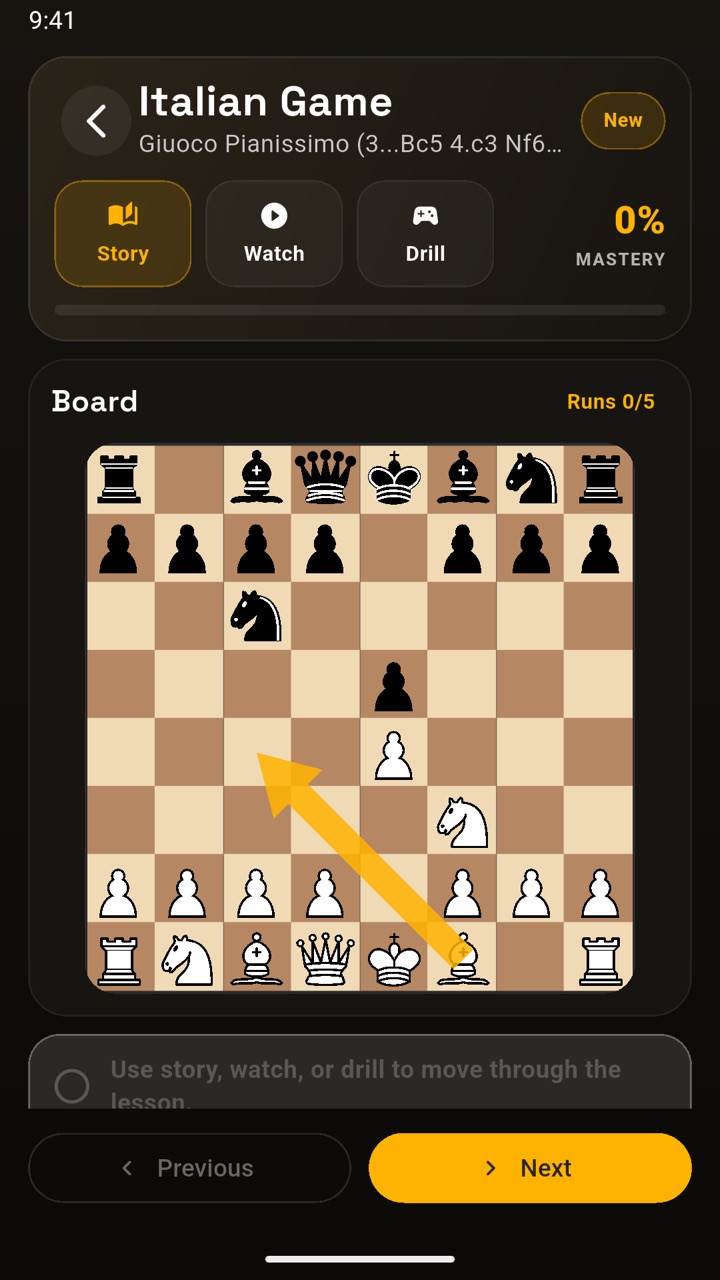 Opening Academy lesson for the Italian Game with an arrow on the board.