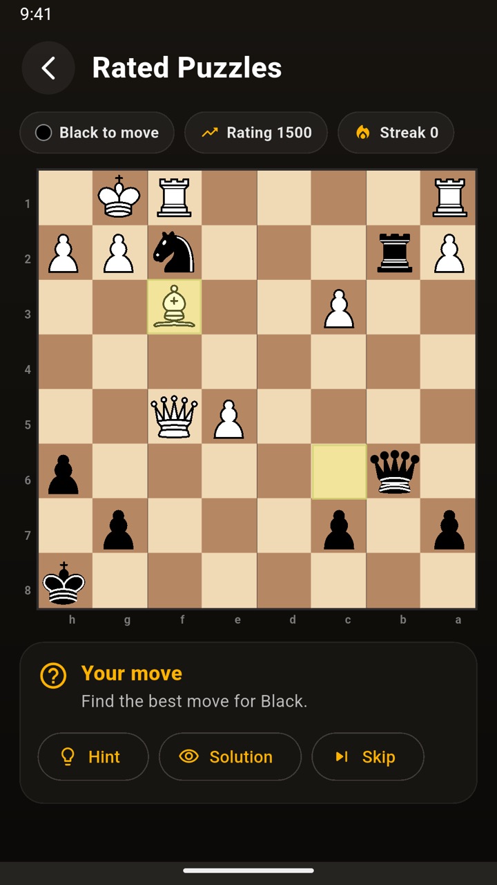 Rated puzzle screen with hint, solution and skip buttons.